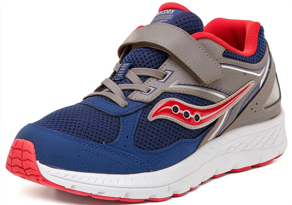Saucony kids running shoes showing leather mesh upper and color options