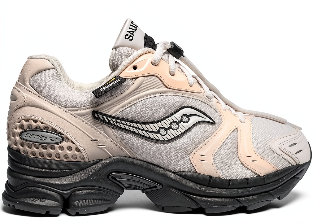 Saucony Progrid Triumph 4 sneaker in White Sand color on a running track