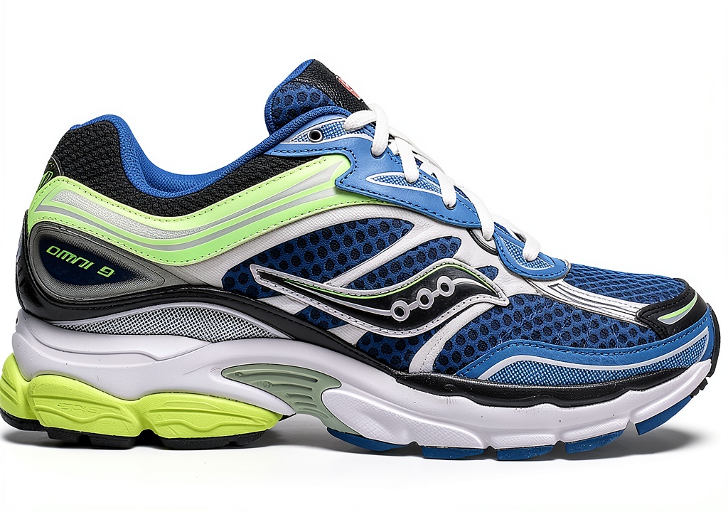 Saucony running shoes in blue and lime colors on a running track