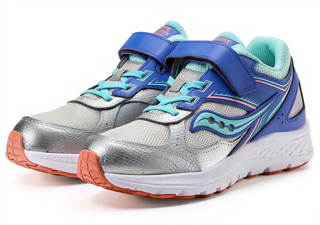 Saucony kids running shoes in Silver Periwinkle Turq color on a child's feet