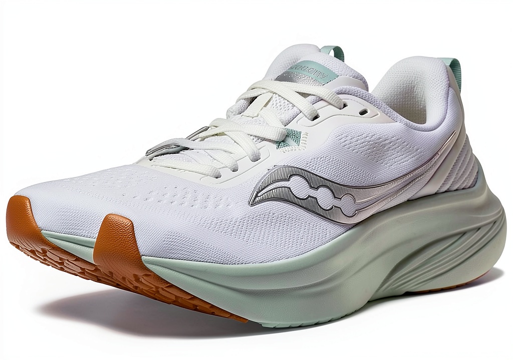 Pavo Max Cushion Road Running Shoes in White/Mist color on a running track