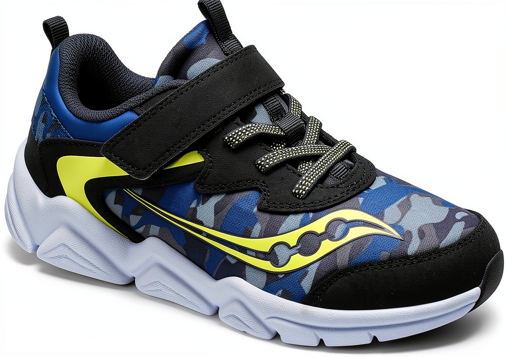 Saucony Big Kid running shoes in Navy/Lime color on a child's feet