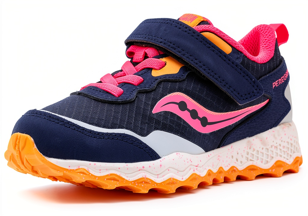 Saucony kids running shoes in Navy/Pink color on a child's feet