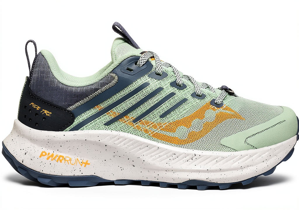 Saucony womens trail running shoes on a rocky path