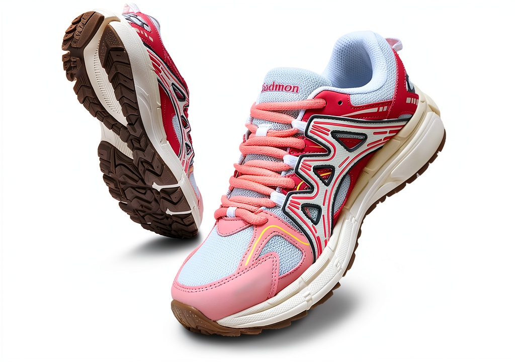 Women's trail running shoes in Retro Pink color on a rocky path