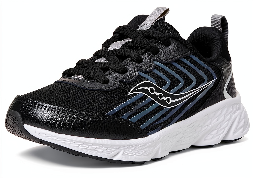 Saucony Big Kid running shoes in Black/White color on a neutral background