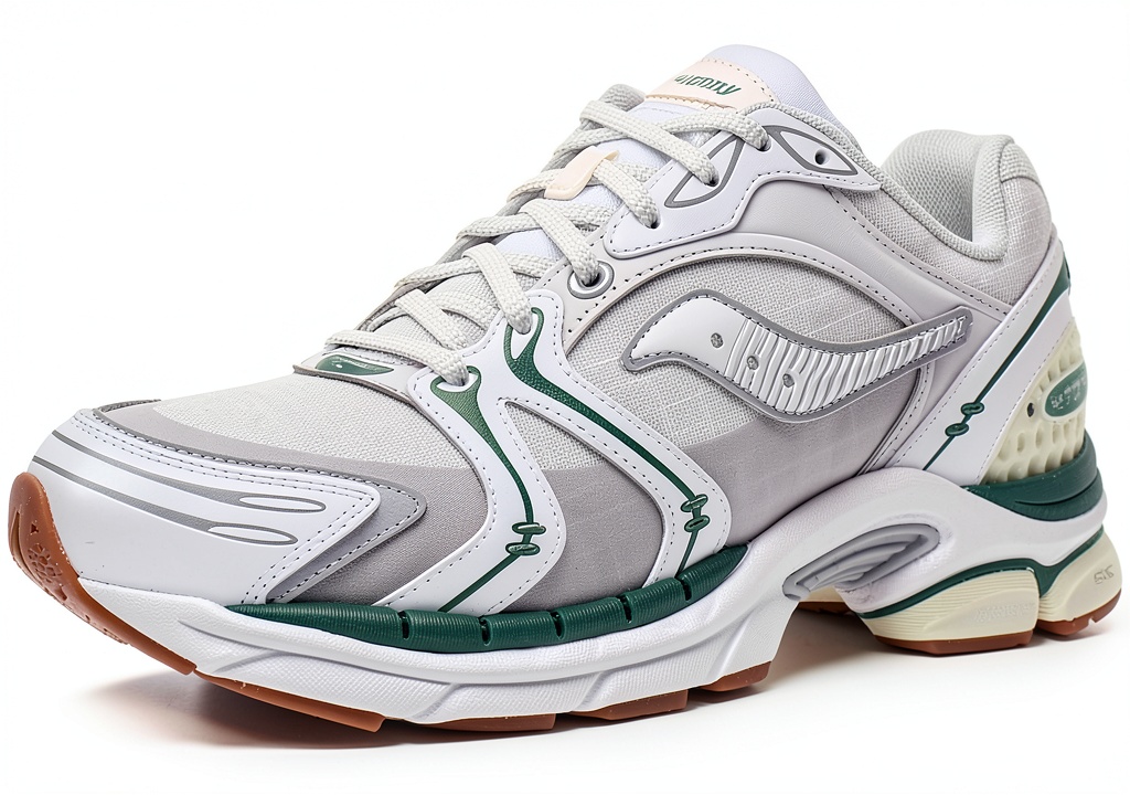 Saucony running shoes in Light Tan/Green/Grey color on a running track