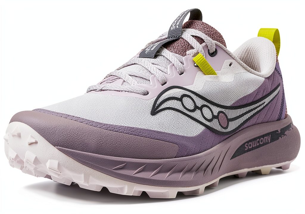 Saucony womens trail running shoes on a rocky path