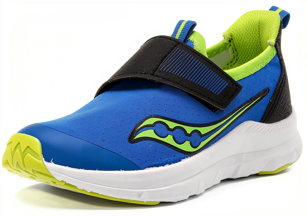 Saucony kids slip-on sneakers in pink and blue/green colors on a child's feet