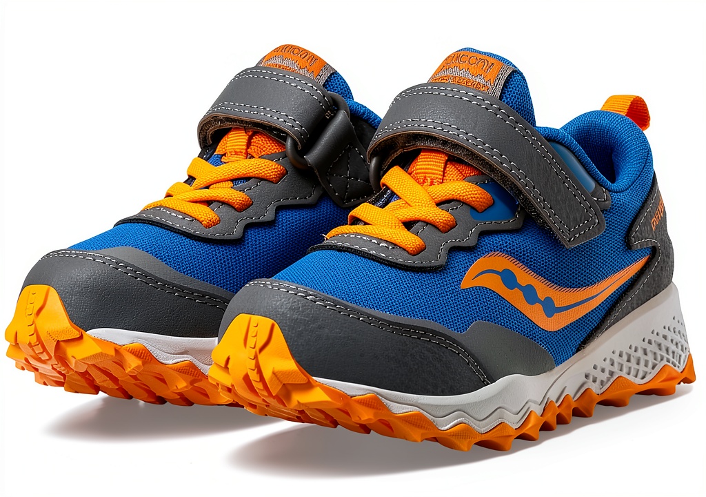 Saucony boys running shoes in Grey/Teal color on a running track