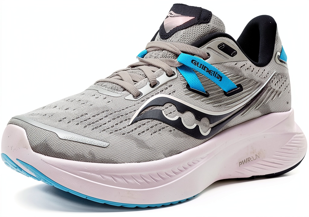 Saucony running shoes in multiple colors on a running track