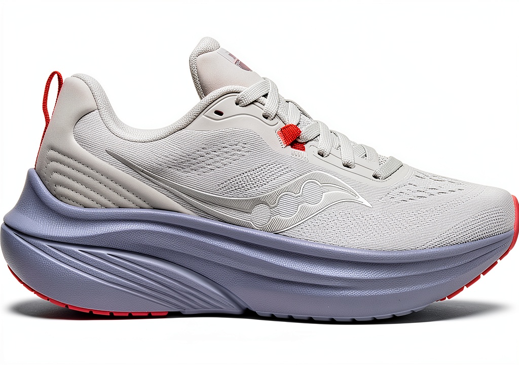 Men's road running shoe in Oat/Gum color on a running track