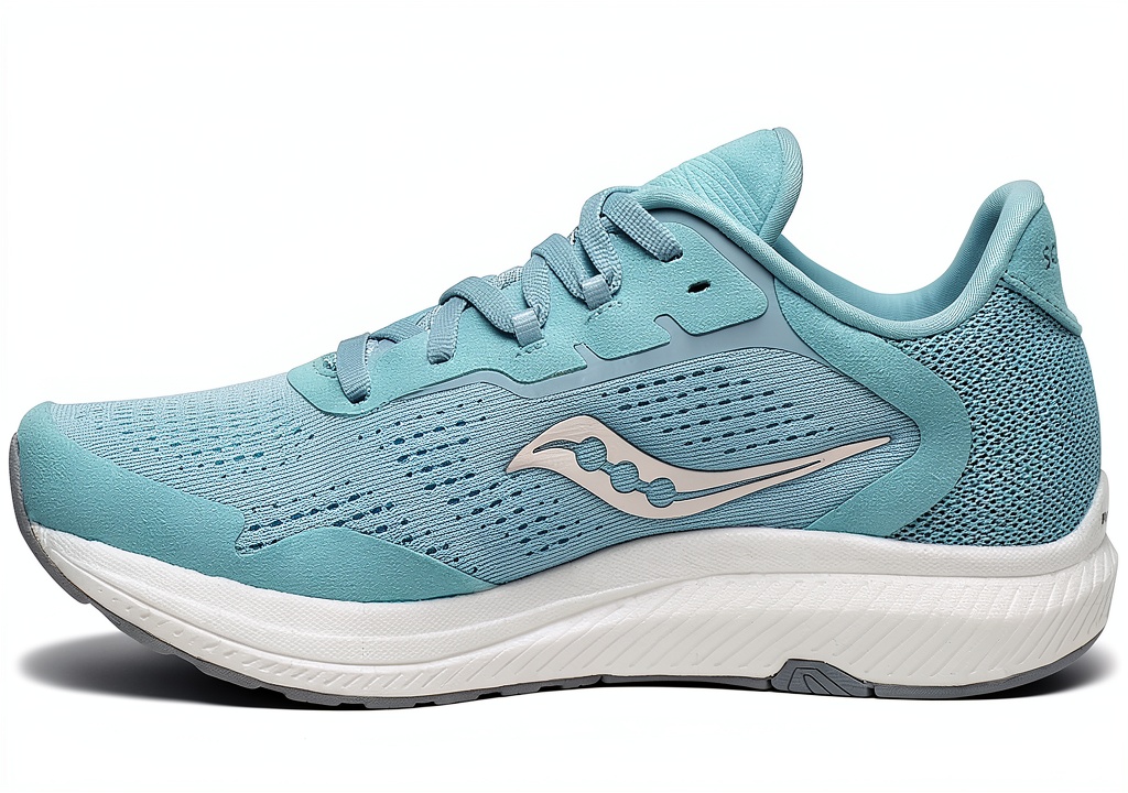 Saucony womens running shoes in Powder/Jade color on a treadmill